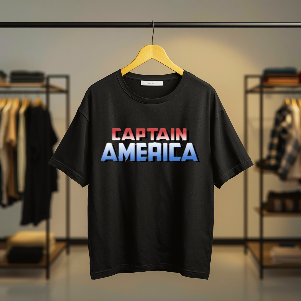 Black T-shirt featuring Captain America with his iconic shield and bold Captain America graphic artwork on the front.