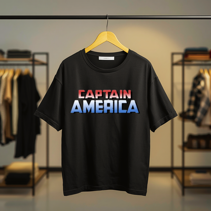 Black T-shirt featuring Captain America with his iconic shield and bold Captain America graphic artwork on the front.