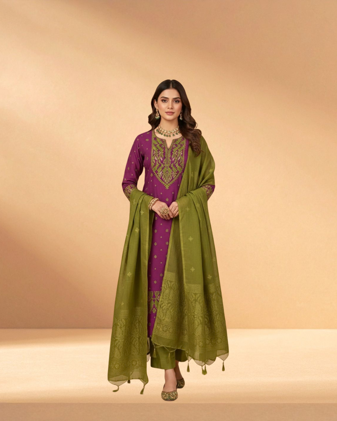 Jamdani Mulberry Wine Luxury Woven 3-Piece