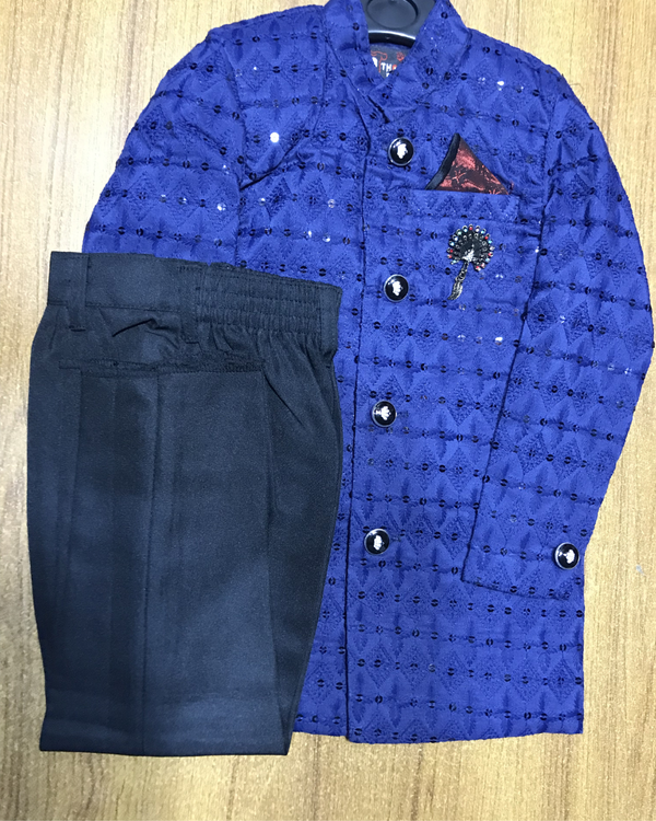 Regal Royal Blue Mirror-Work Baby Sherwani Set