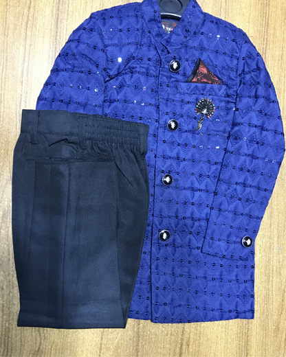 Regal Royal Blue Mirror-Work Baby Sherwani Set