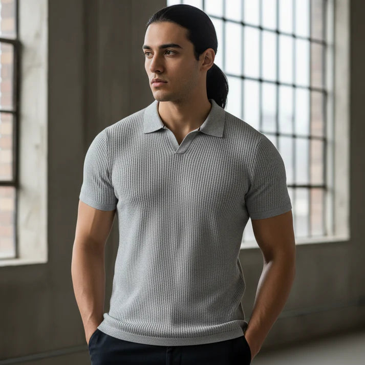 Grey - Ribbed Polo Tshirt