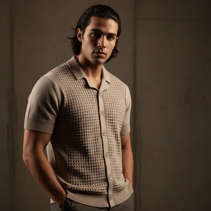 Stone Relaxed Textured Knit Bowling Shirt