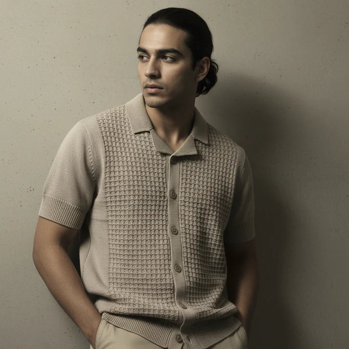 Stone Relaxed Textured Knit Bowling Shirt