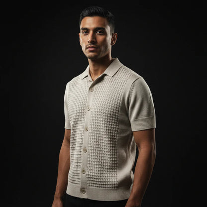 Stone Relaxed Textured Knit Bowling Shirt