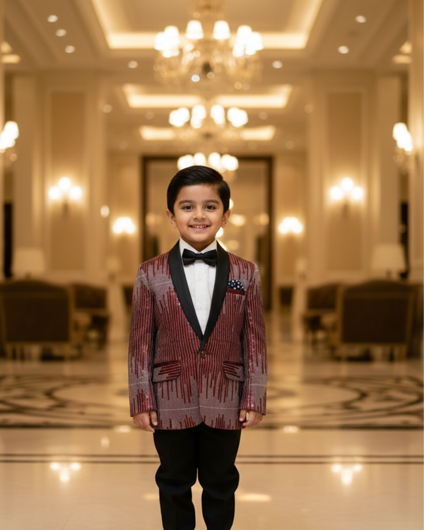 Boys' Luxury Sequin Tuxedo Blazer Suit – Deep Walnut Brown