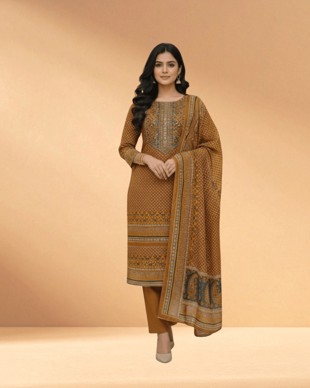 Lahori Boutiques Roasted Terracotta Traditional Printed 3 - Piece - Bangladesh Business Club