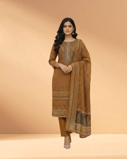 Lahori Boutiques Roasted Terracotta Traditional Printed 3 - Piece - Bangladesh Business Club