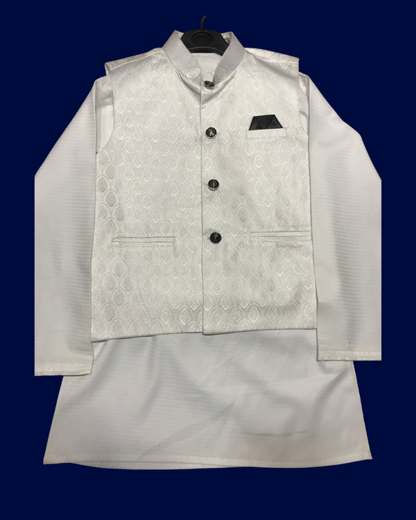 Boys' Royal White Mirror-Work Panjabi Koti Set