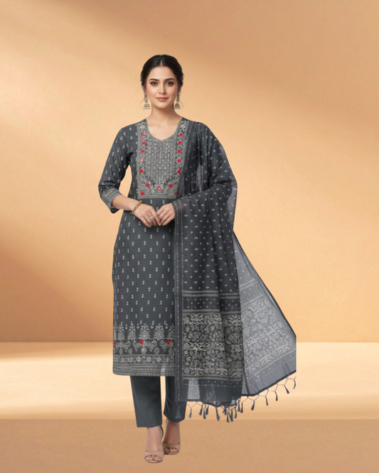 Delhi Boutiques Obsidian Frost Luxury Embroidered Chiffon 3-Piece