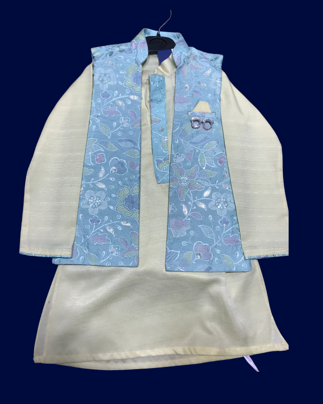 Royal White Embroidered Panjabi with Mirror-Work Koti Set