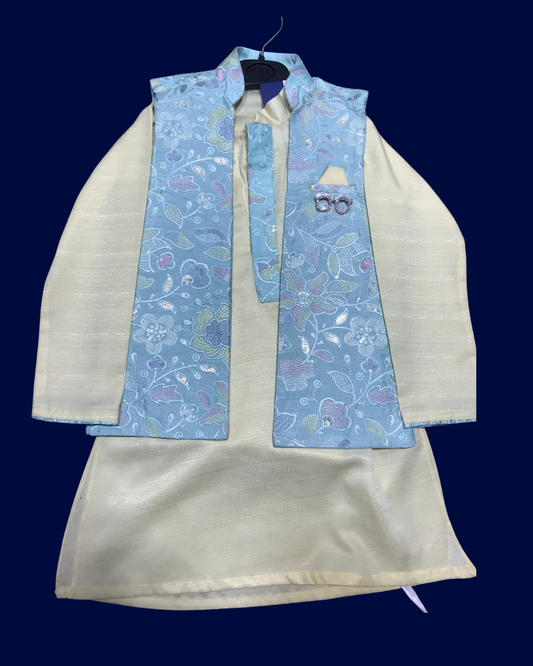 Royal White Embroidered Panjabi with Mirror-Work Koti Set