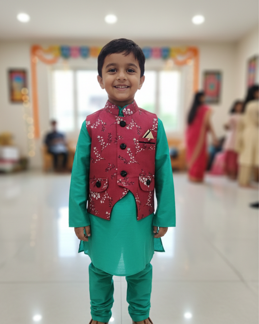Boys' Vibrant Persian Teal Koti Panjabi Set with Floral Waistcoat