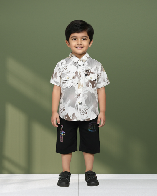 Little Urbanite Sand-Grey Printed Shirt & Shorts Set