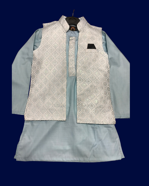 Boys' Royal White Mirror-Work Panjabi Koti Set