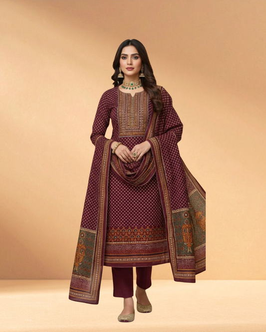 Lahori Boutiques Royal Marone Heritage Printed 3-Piece