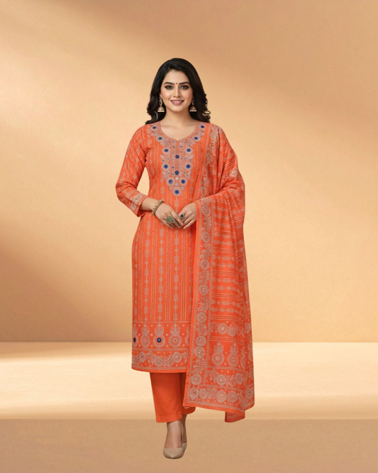 Delhi Boutiques Sunset Clay Luxury Embroidered Chiffon 3-Piece