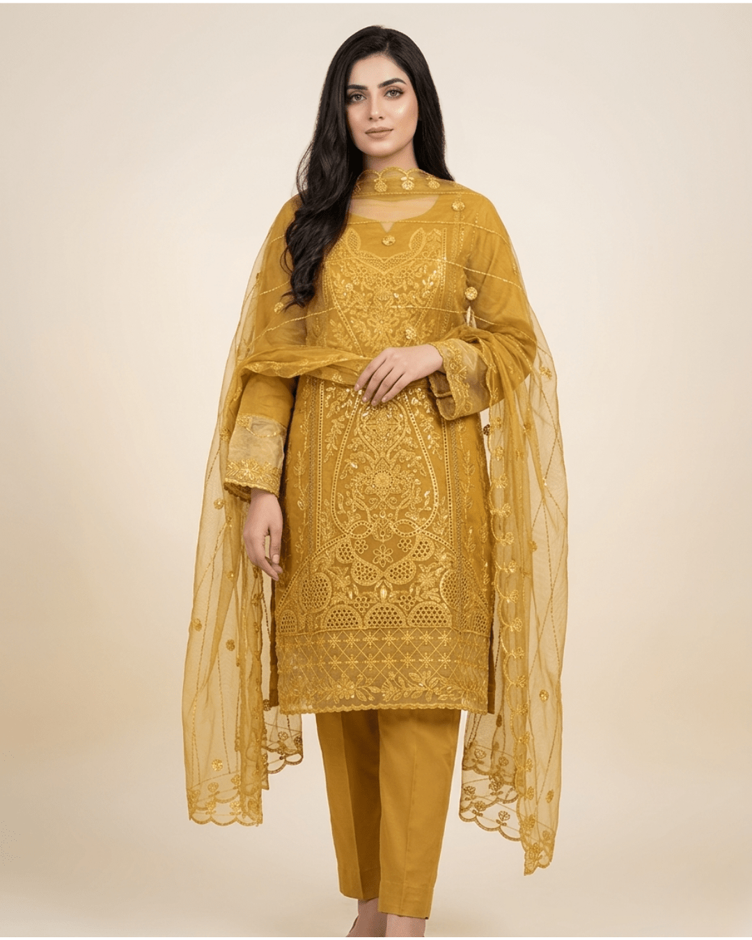 Royal Mustard Gold Embroidered Premium Three - Piece Set. - Bangladesh Business Club