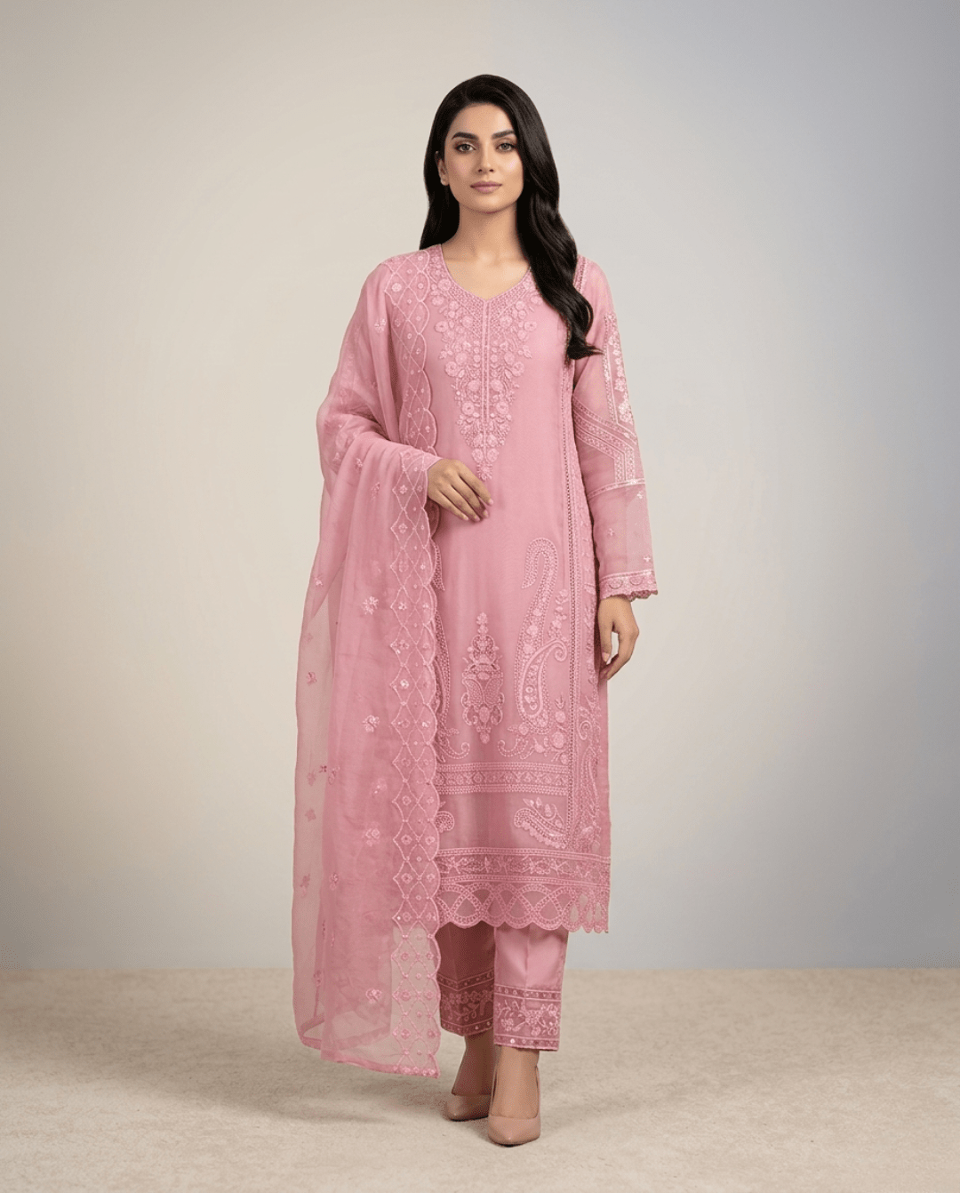 Royal Rose Blush Embroidered Three - Piece Set. - Bangladesh Business Club
