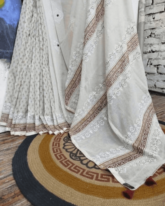 Signature White Traditional Block Shari - Bangladesh Business Club