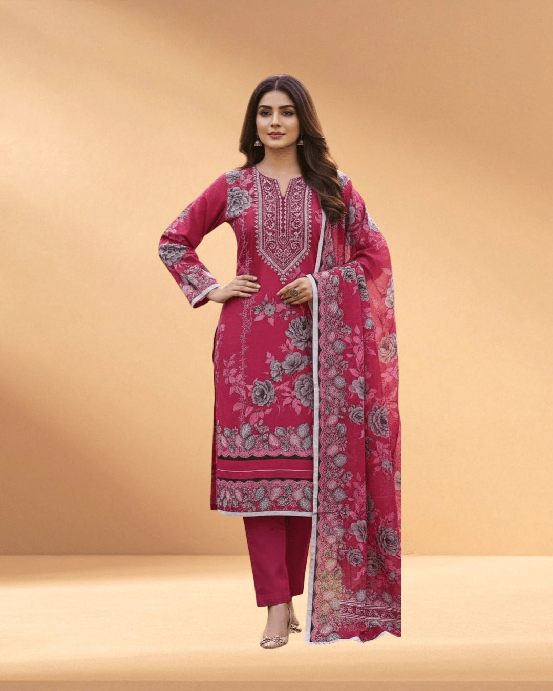 Suti Lon & Luxury Embroidered Chiffon 3 - Piece – Velvet Currant - Bangladesh Business Club