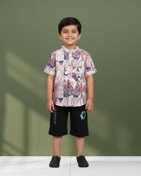 Little Urbanite Geometric Mauve Shirt & Shorts Set