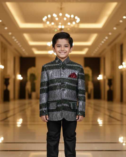 Boys' Luxury Dark Green & Silver Sequin Indo-Western Sherwani