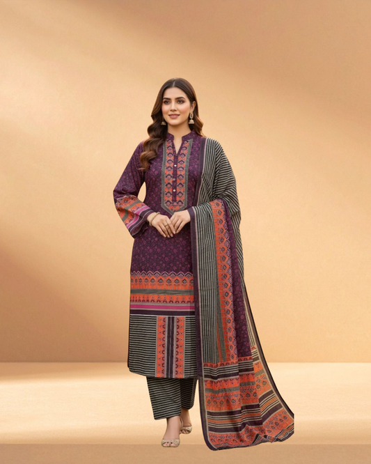 Zam Zam Dark Mulberry Luxury Digital Printed 3-Piece