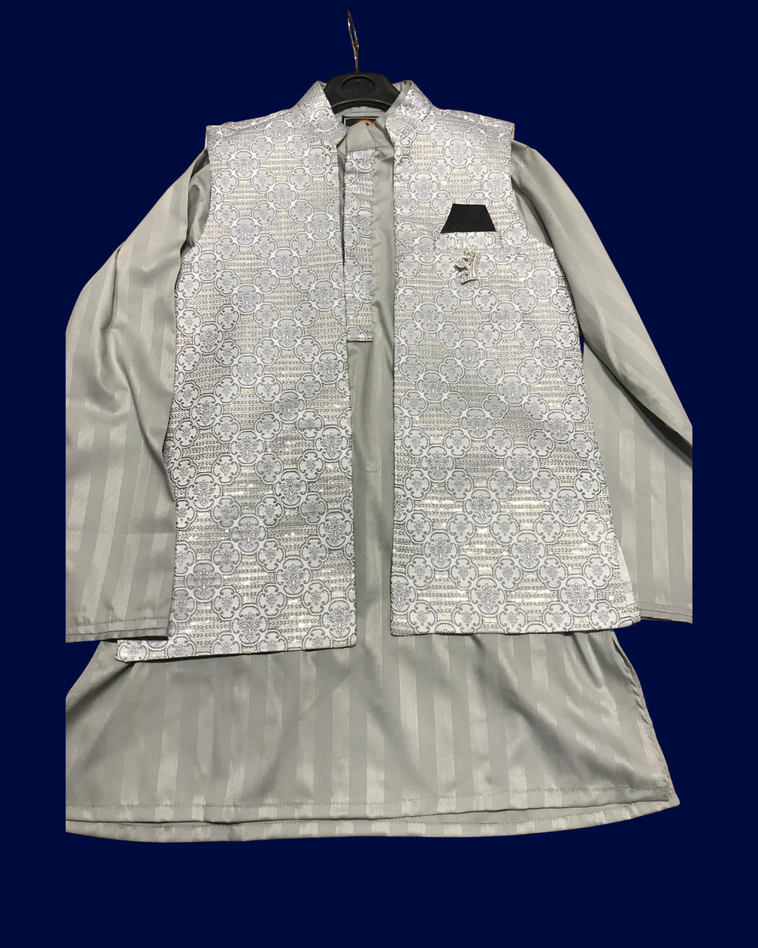 Silver-Grey Striped Panjabi with Ornate Patterned Koti Set